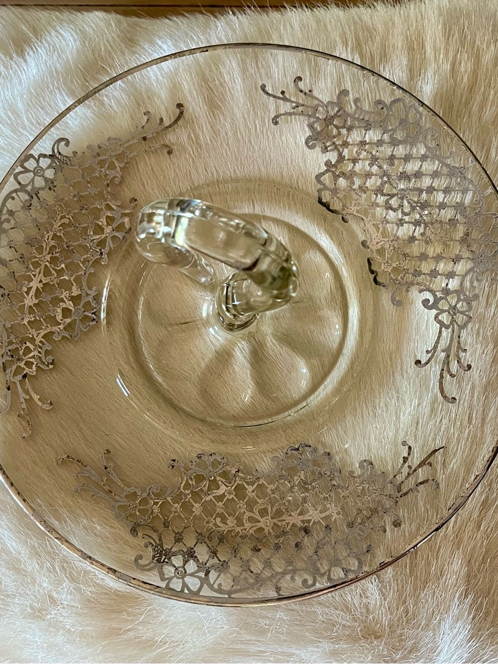 Vintage Clear Glass Swan Handle Serving Tray with Sterling Silver Floral Etching - Picture 3 of 6